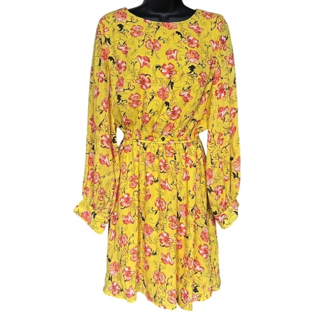 Halogen Floral Fit and Flare Chiffon Dress Sz M Bright Yellow Dopamine Dressing
